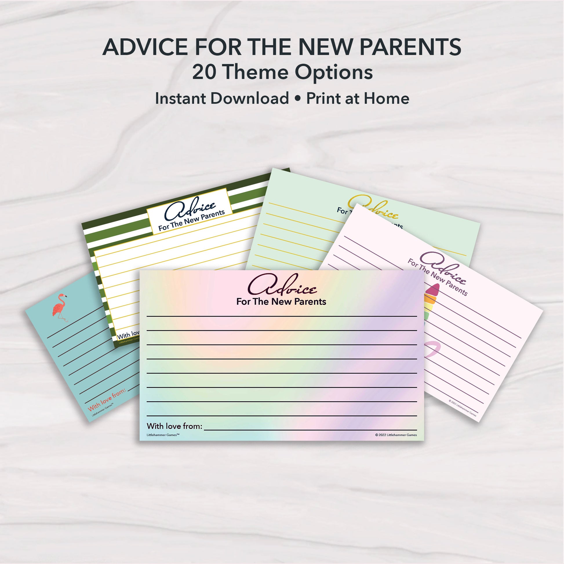 Collage of printable baby shower advice cards for the new parents in multiple themed designs on marble background