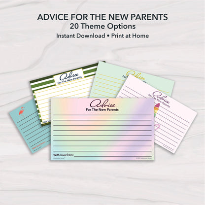 Collage of printable baby shower advice cards for the new parents in multiple themed designs on marble background