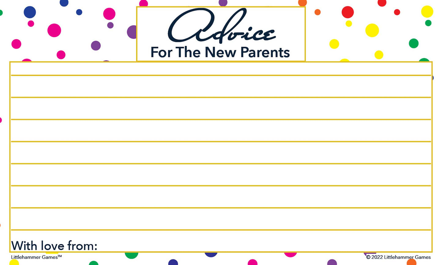 Rainbow polka dot Advice for the New Parents baby shower keepsake card