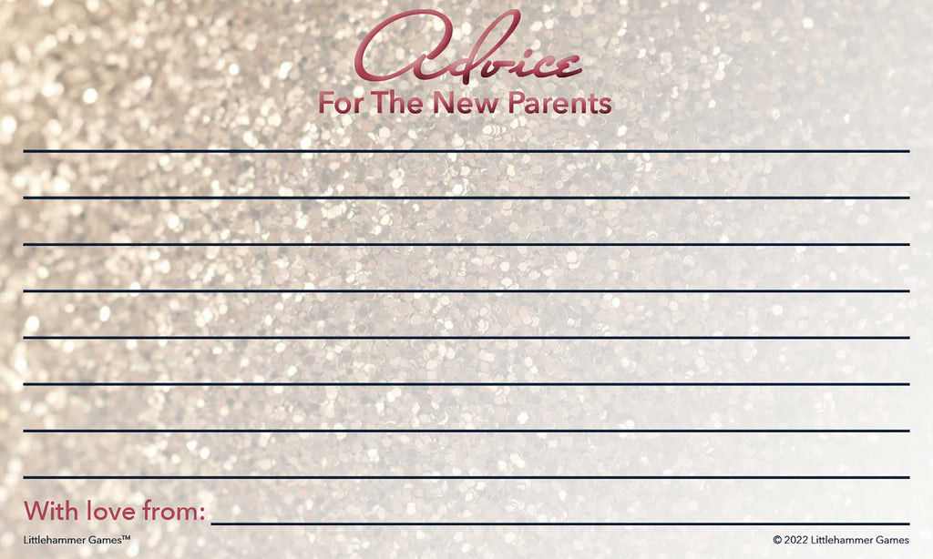 Glittery rose gold Advice for the New Parents card with lined response area