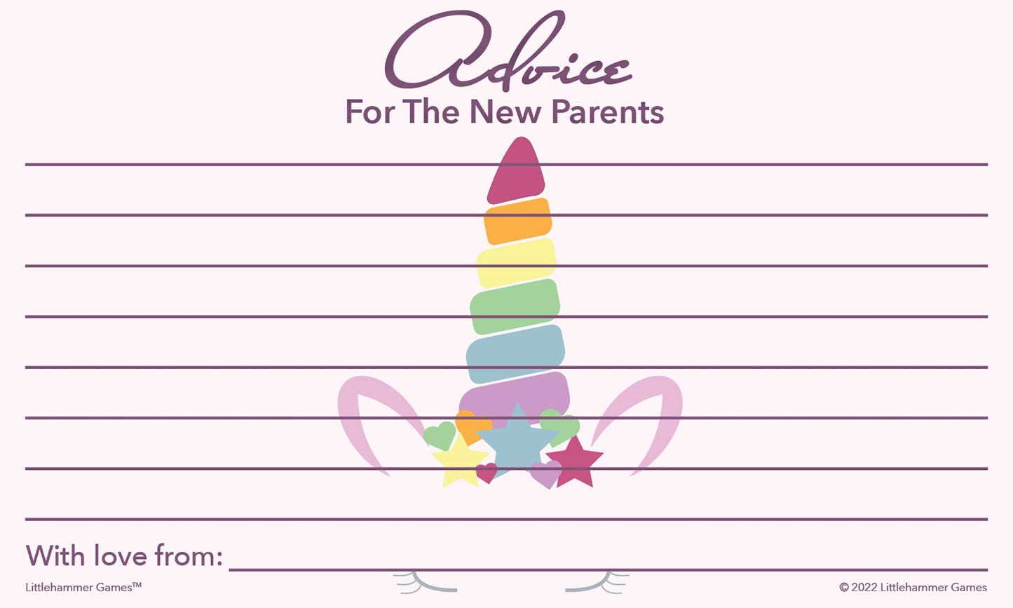 Unicorn-themed baby shower advice card for heartfelt parent messages