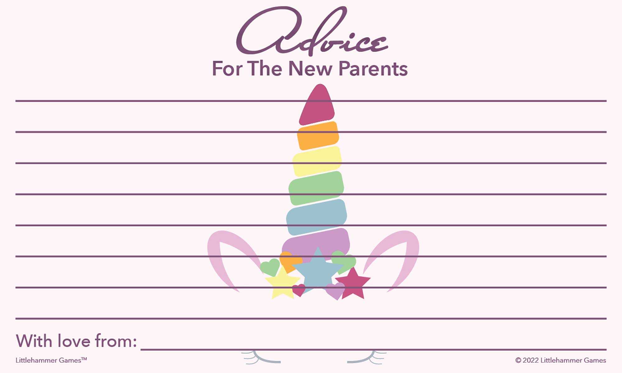 Unicorn-themed baby shower advice card for heartfelt parent messages