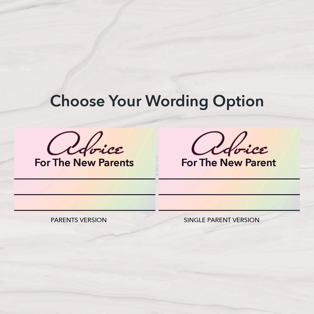 Side-by-side baby shower advice cards showing Parents and Single Parent wording options