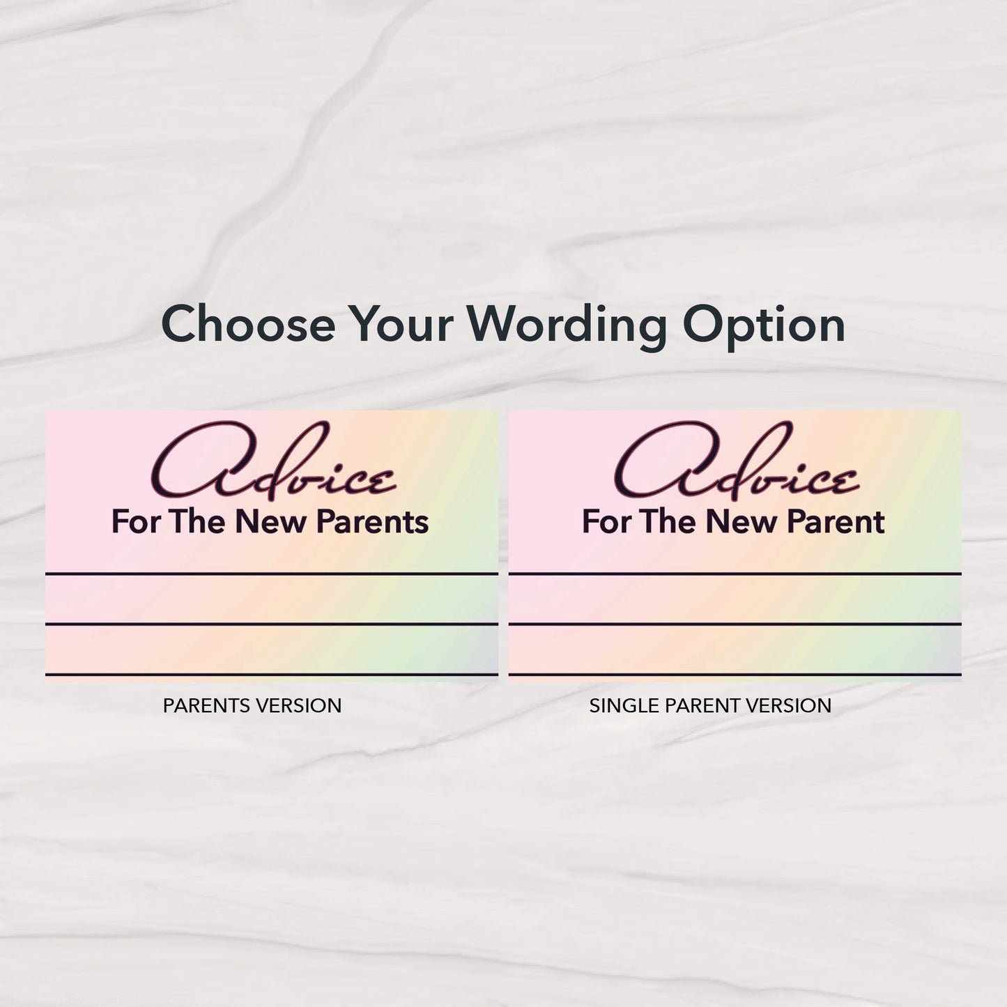 Side-by-side baby shower advice cards showing Parents and Single Parent wording options