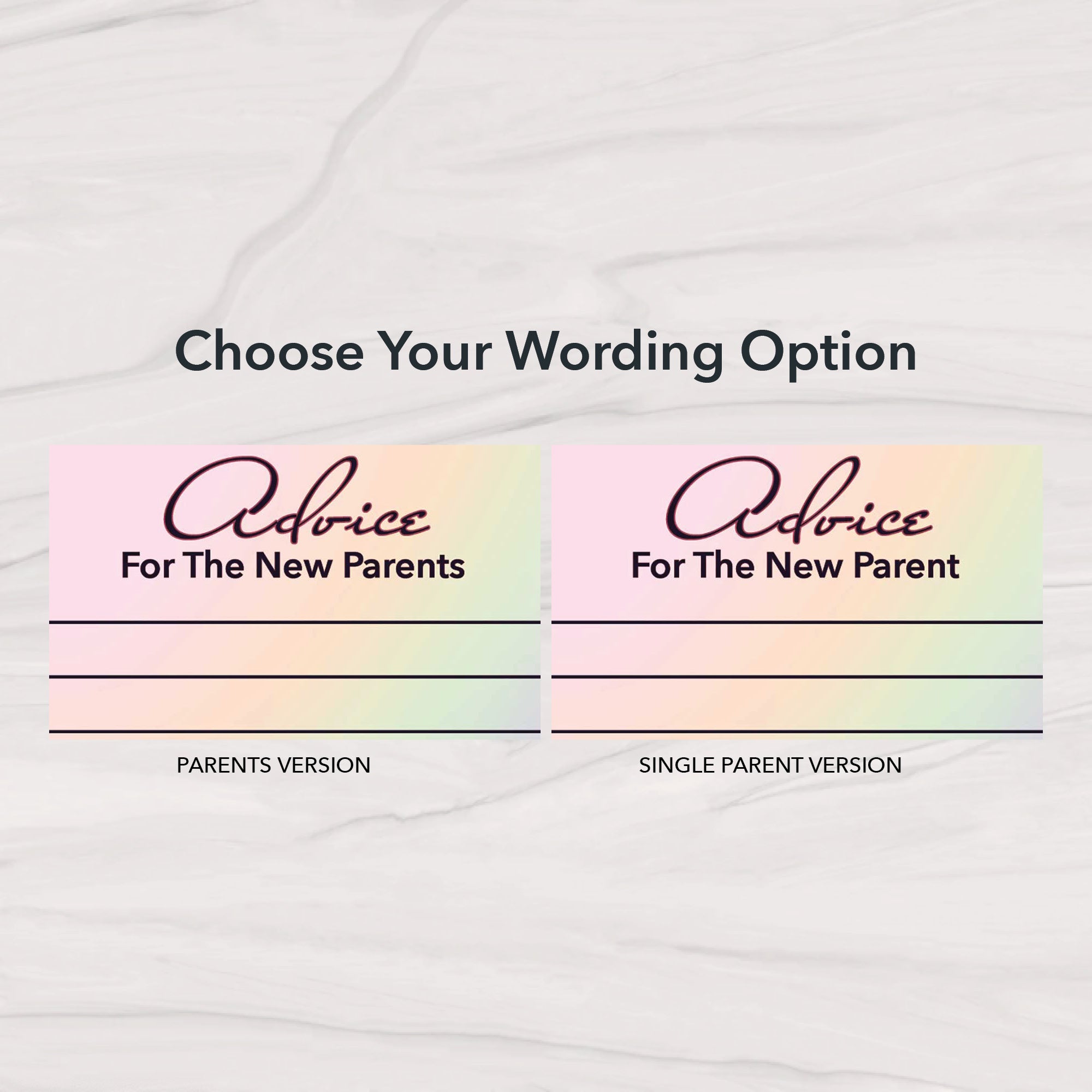 Side-by-side baby shower advice cards showing Parents and Single Parent wording options