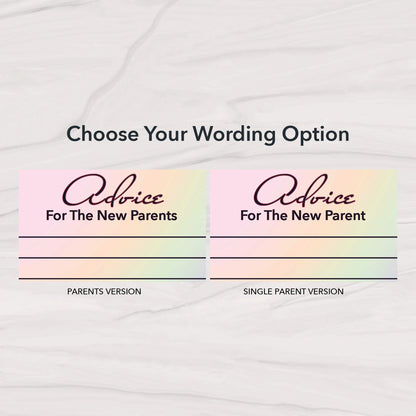 Side-by-side baby shower advice cards showing Parents and Single Parent wording options