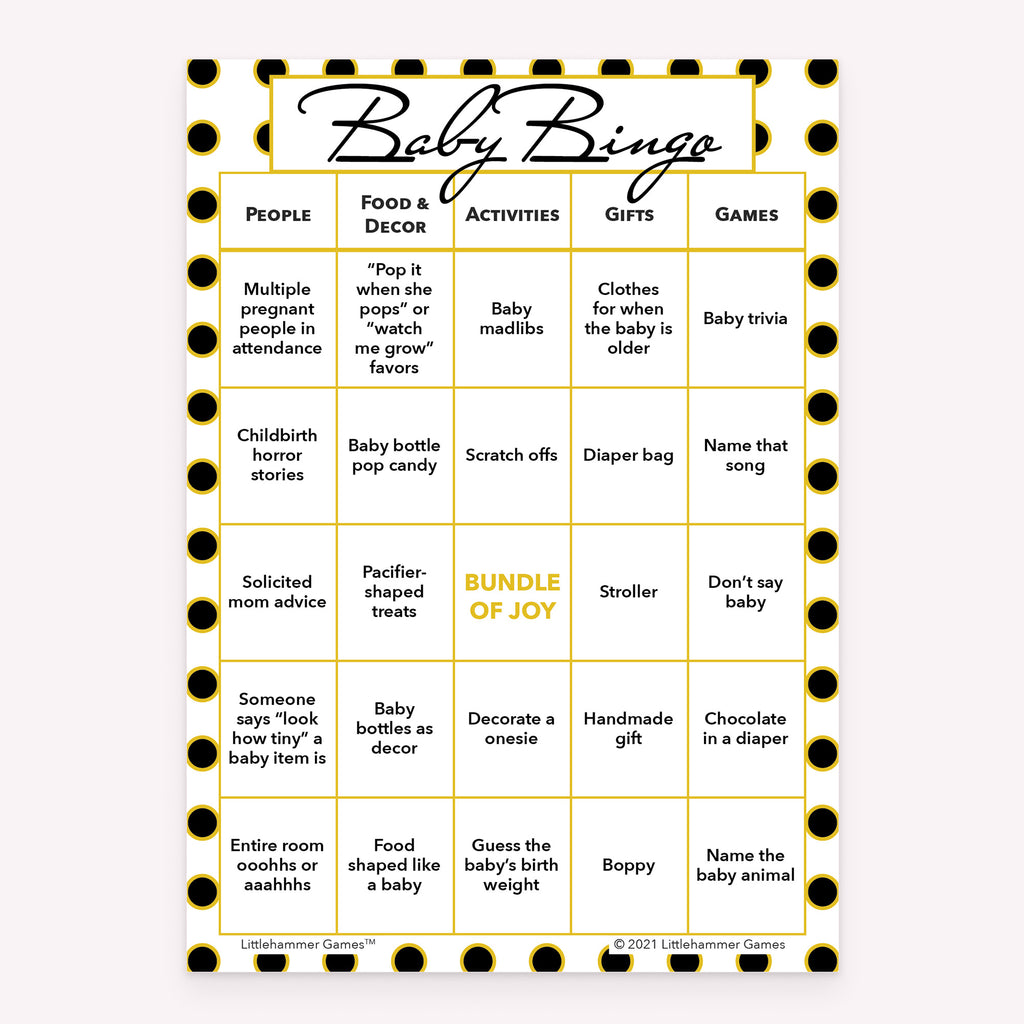Printable baby shower Baby Bingo card in black and gold polka dot theme