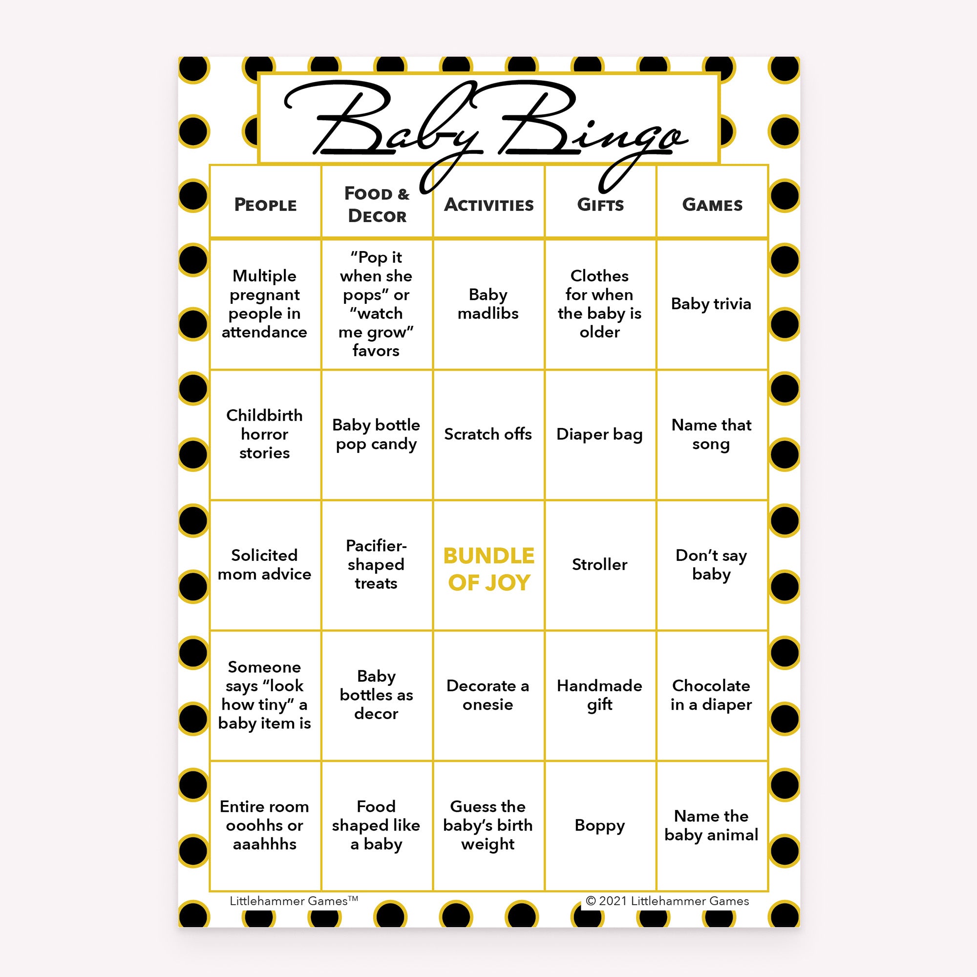 Printable baby shower Baby Bingo card in black and gold polka dot theme