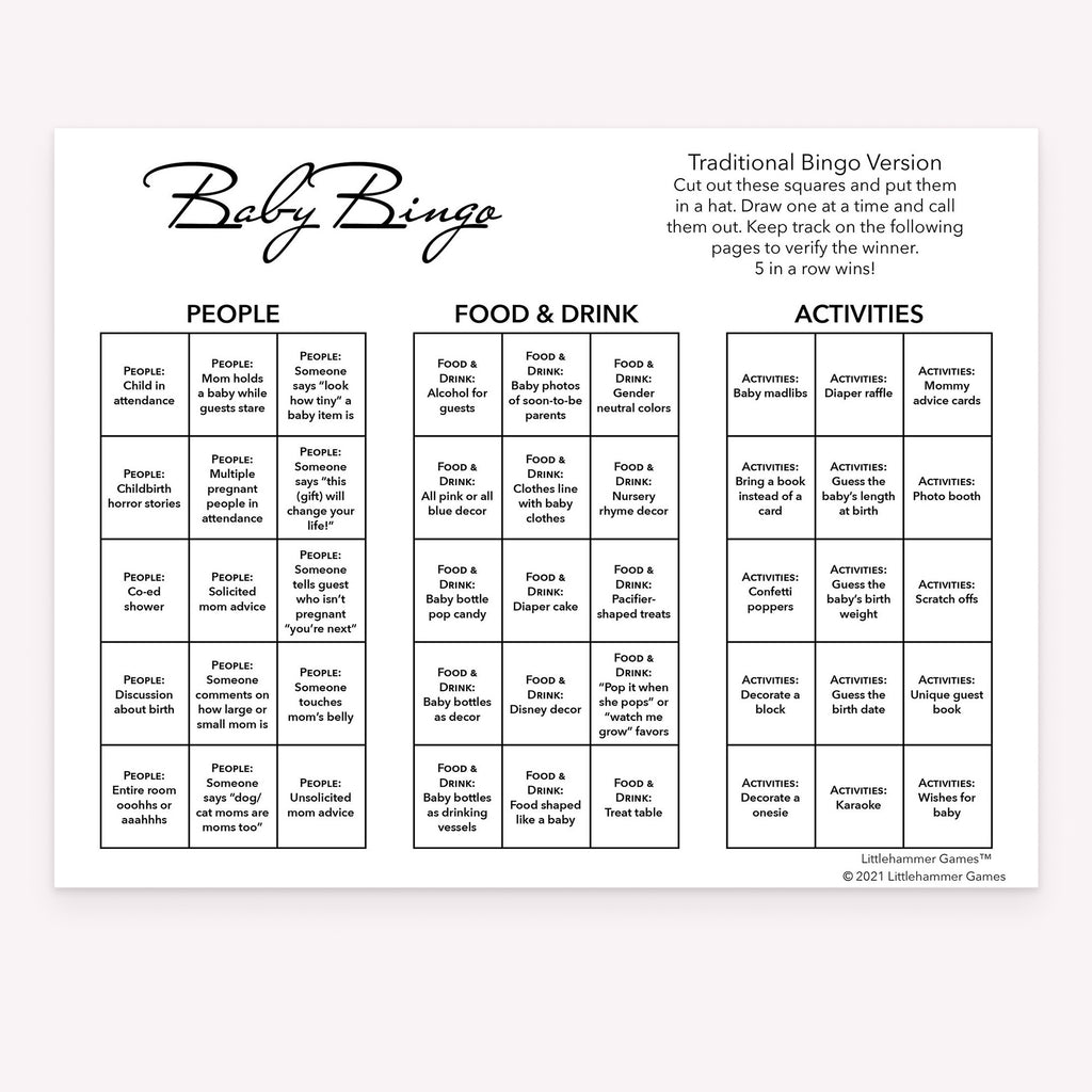 Printable baby shower Baby Bingo calling card in minimal black and white theme