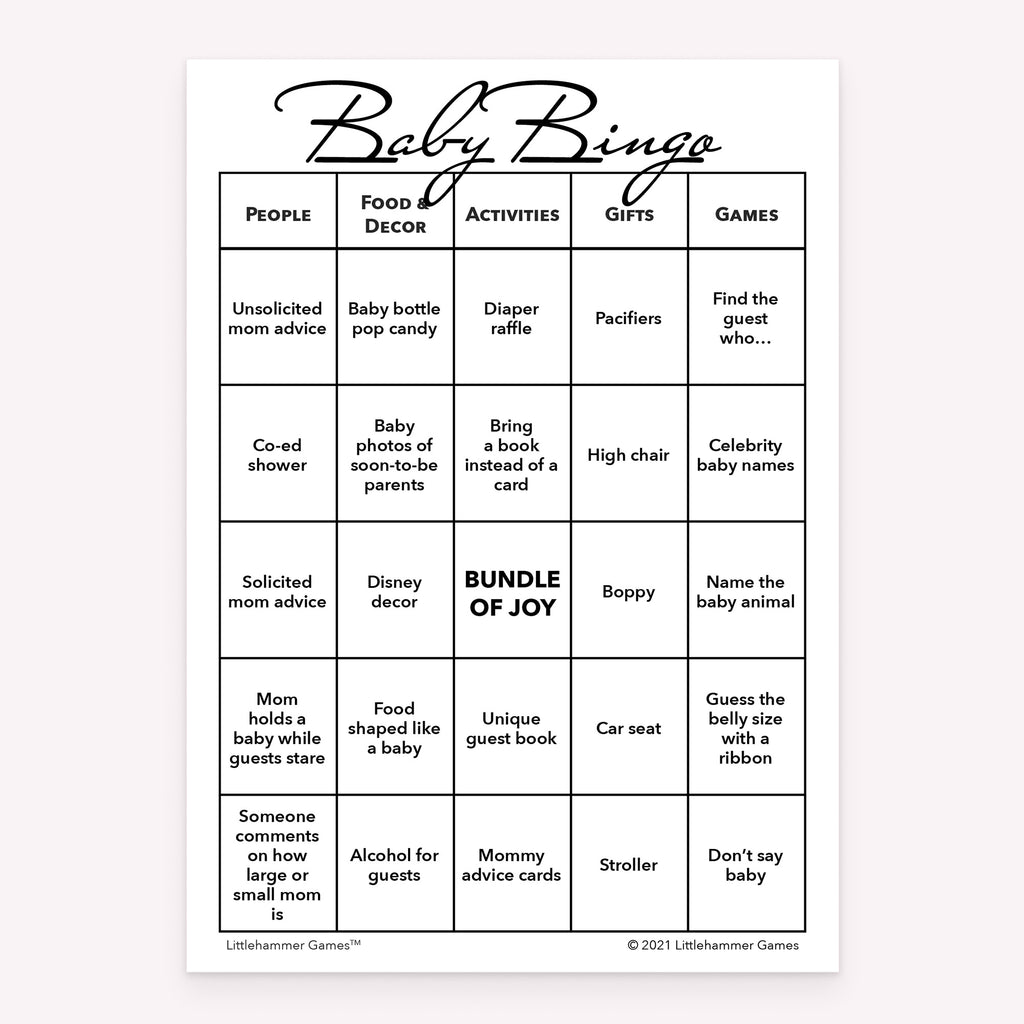 Black and white printable Baby Bingo baby shower game card
