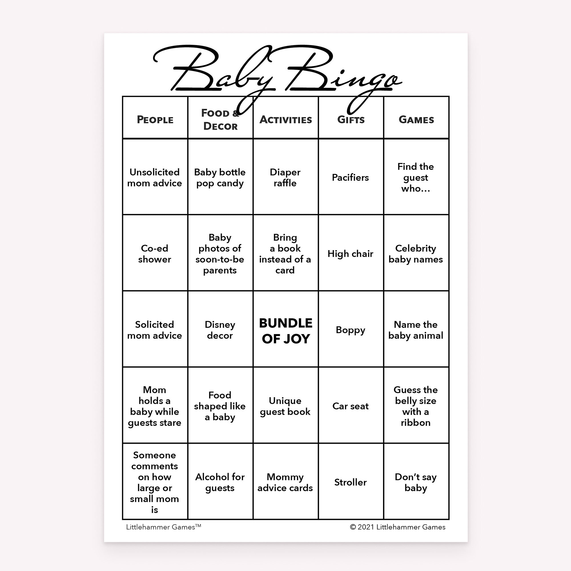 Black and white printable Baby Bingo baby shower game card