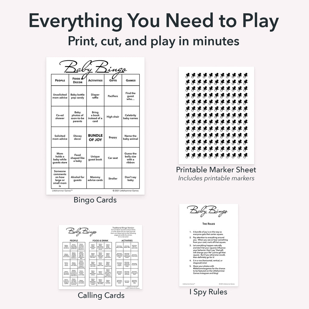 Printable baby shower bingo game set including game cards, calling cards, I Spy-style rules, and optional markers sheet