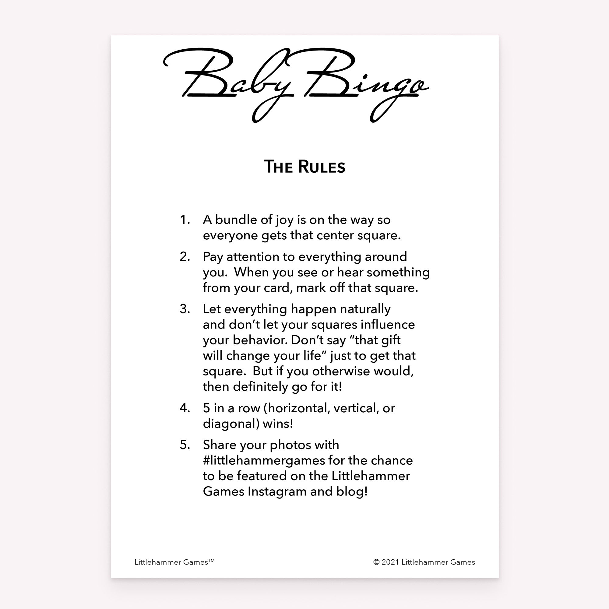Minimalist black and white printable baby shower rules card for Baby Bingo