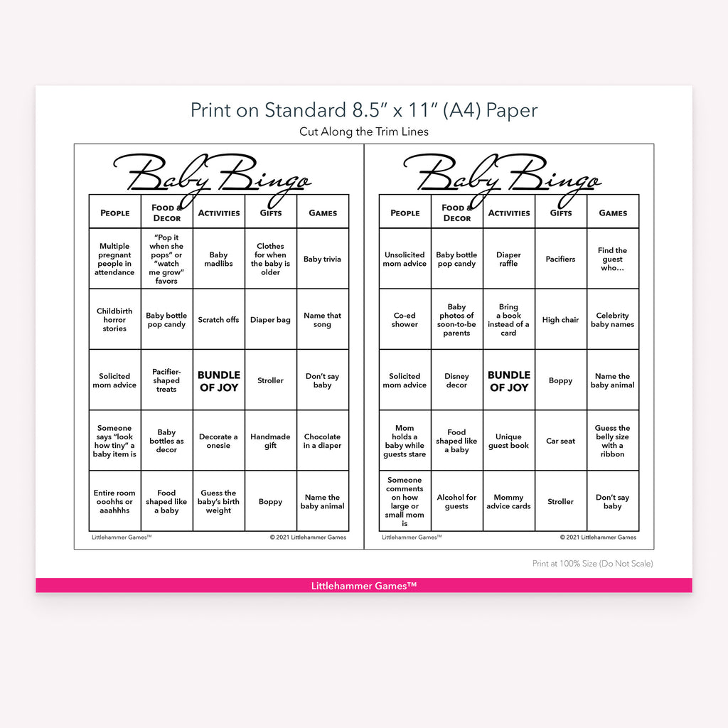 Printable black and white Baby Bingo game card layout showing US Letter size dimensions and printing information