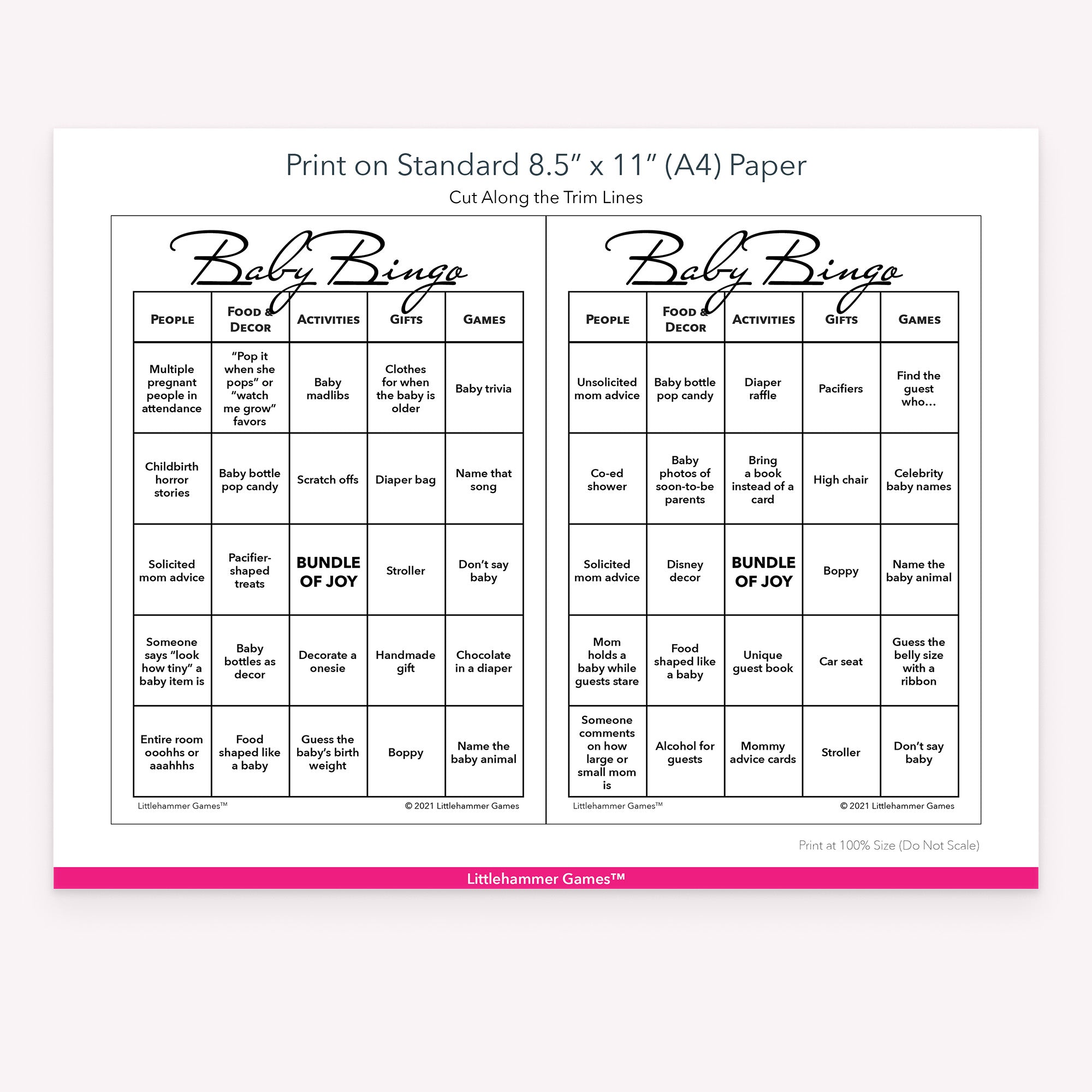 Printable black and white Baby Bingo game card layout showing US Letter size dimensions and printing information
