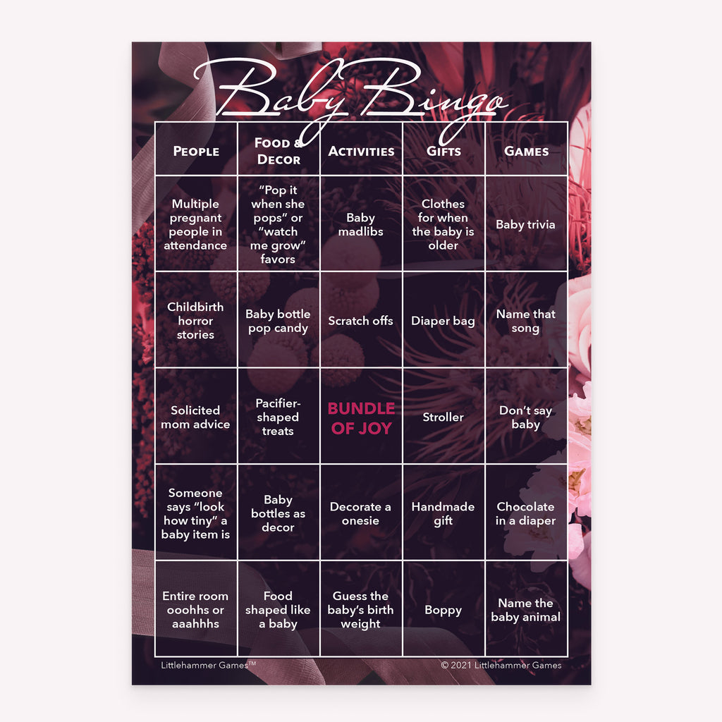 Printable baby shower Baby Bingo game card with dark floral design