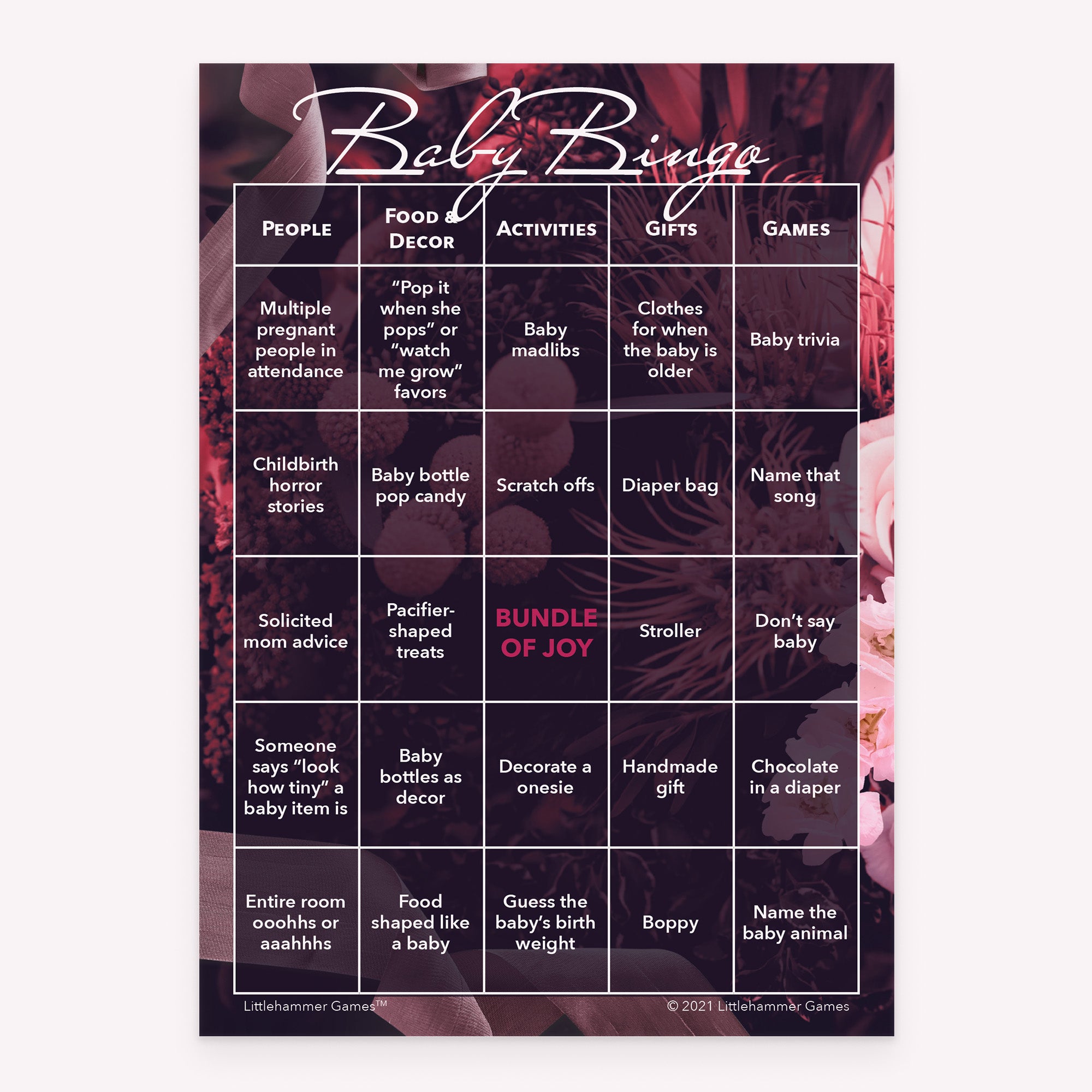 Printable baby shower Baby Bingo game card with dark floral design