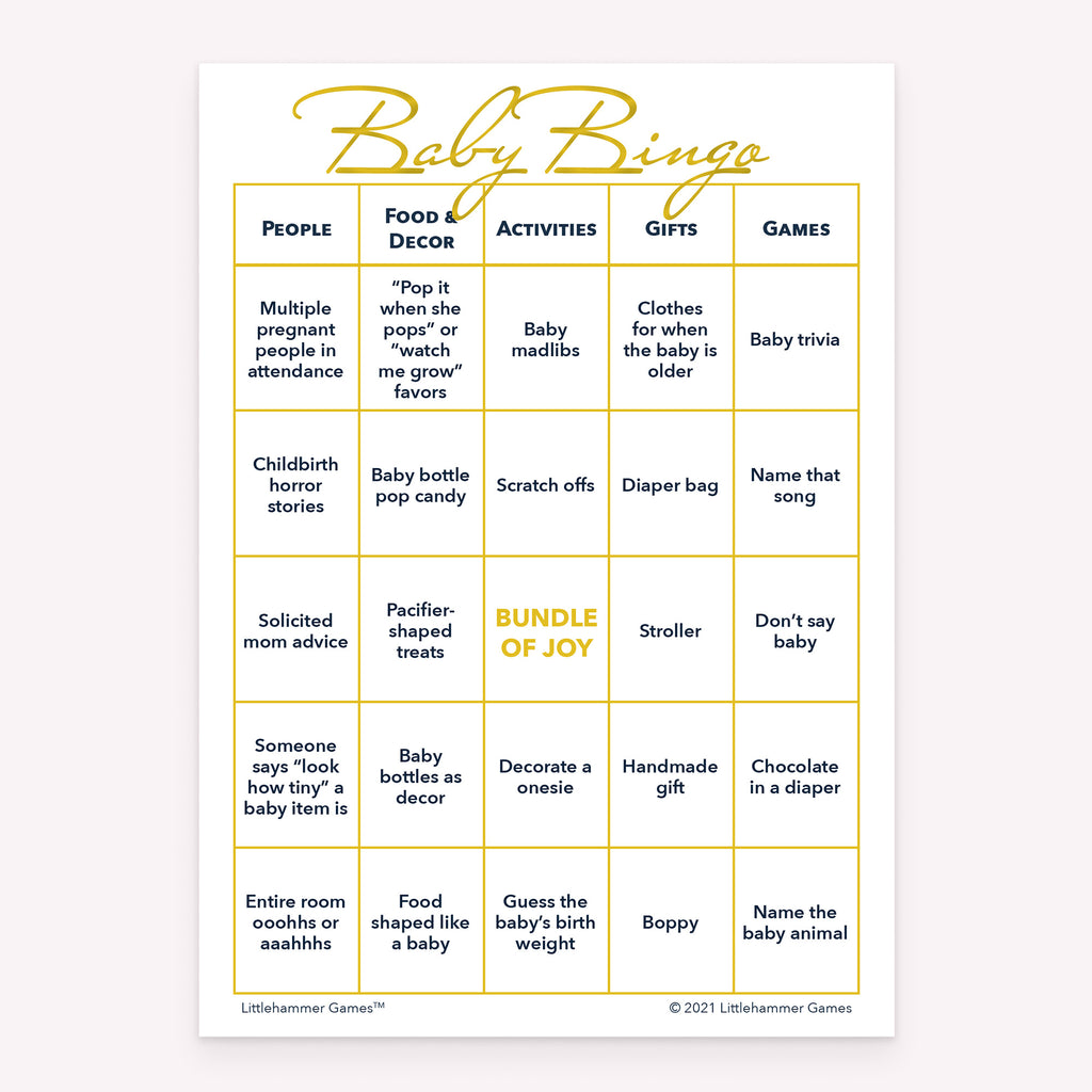 Printable Baby Bingo baby shower game card in gold and white design