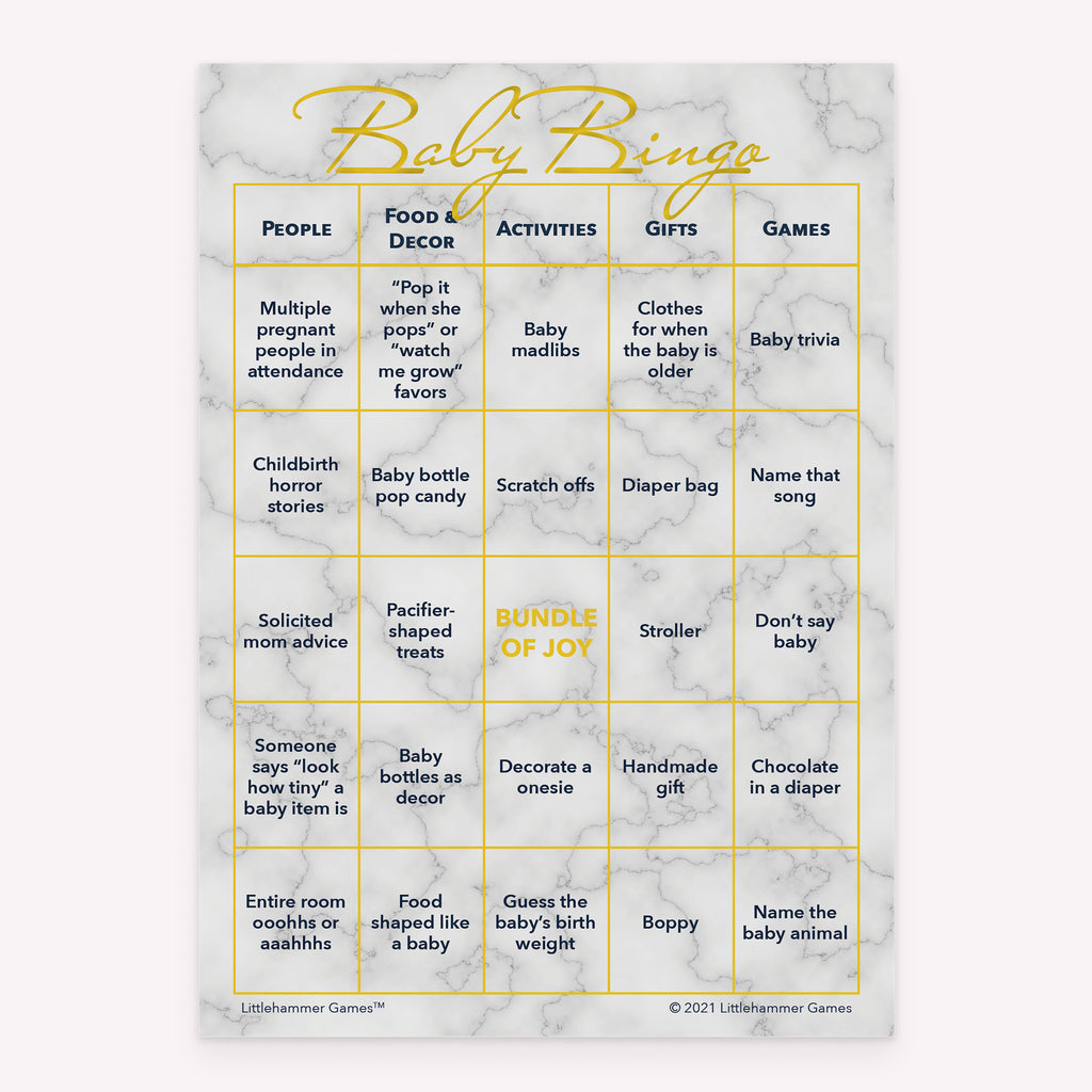 Baby Bingo baby shower printable game card featuring gold and marble style