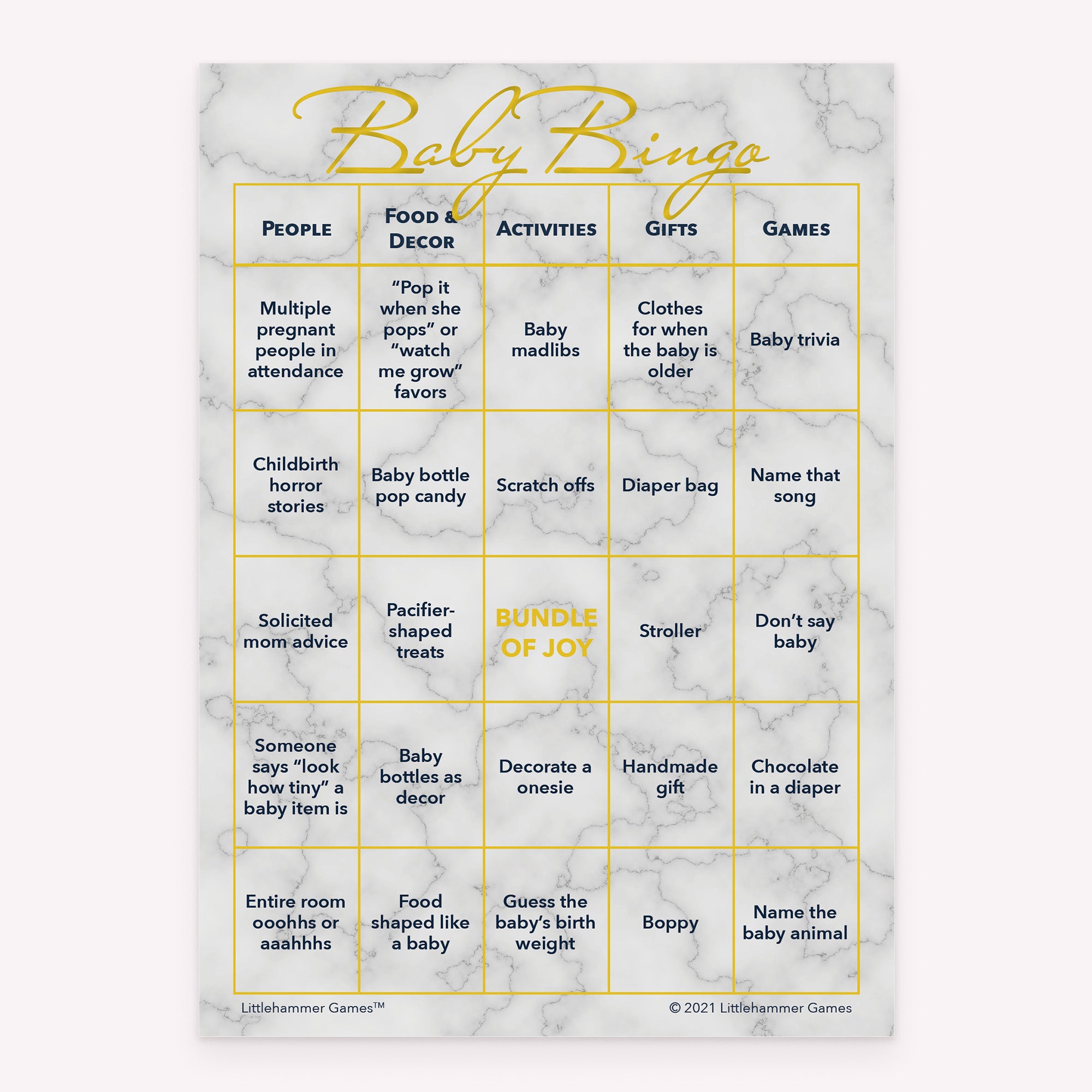 Baby Bingo baby shower printable game card featuring gold and marble style