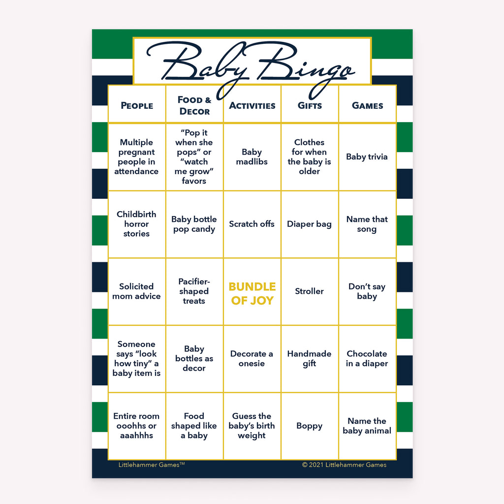 Baby shower Baby Bingo game card printable in green and navy stripe design