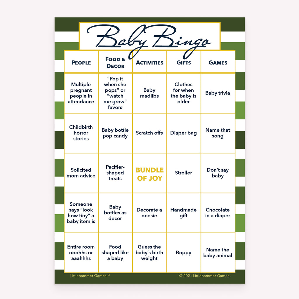 Green stripe style printable baby shower Baby Bingo card