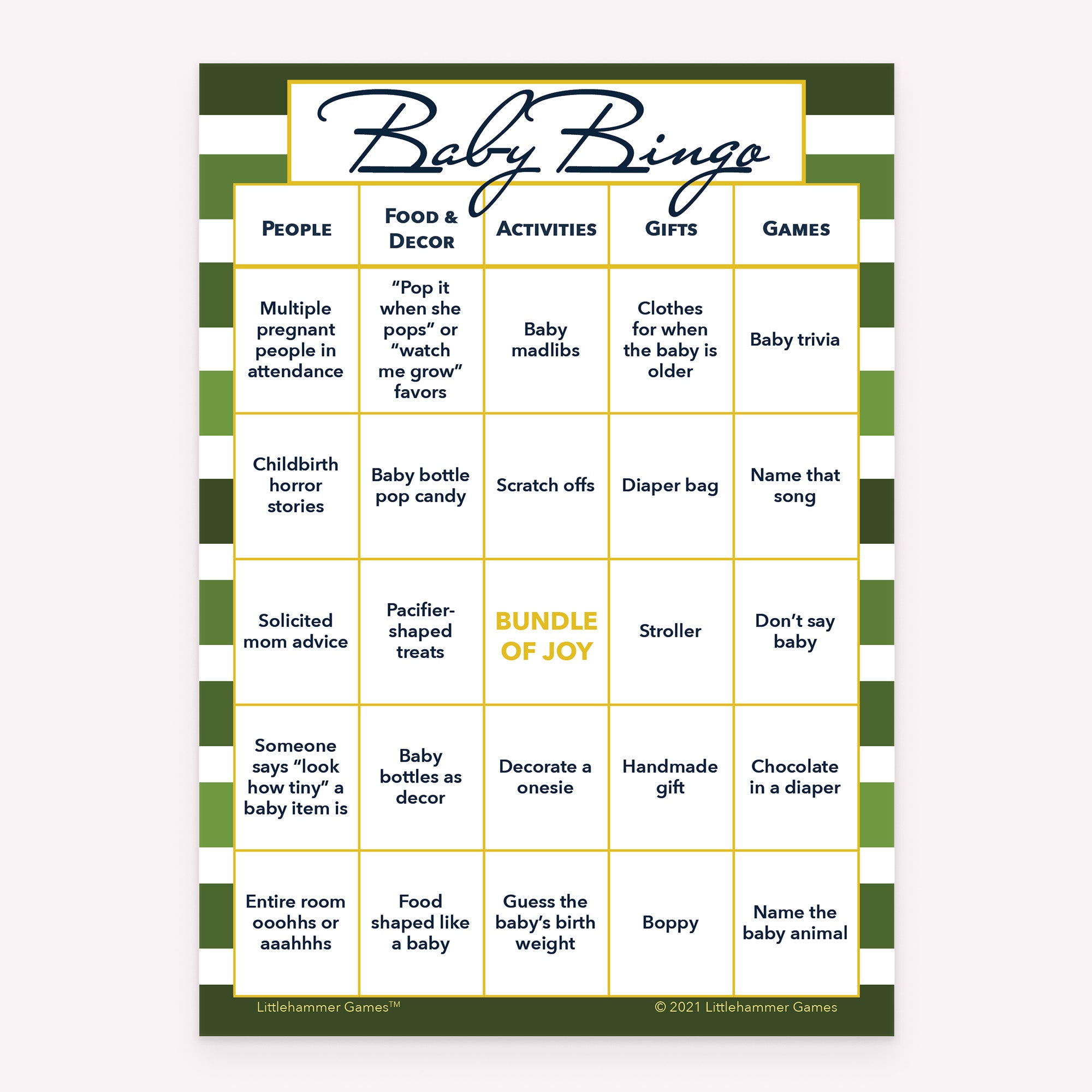 Green stripe style printable baby shower Baby Bingo card
