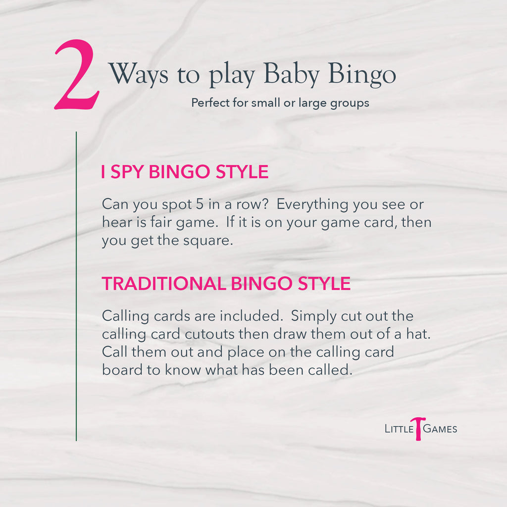 Baby Bingo printable game instructions showing two ways to play: I Spy style and traditional calling card style