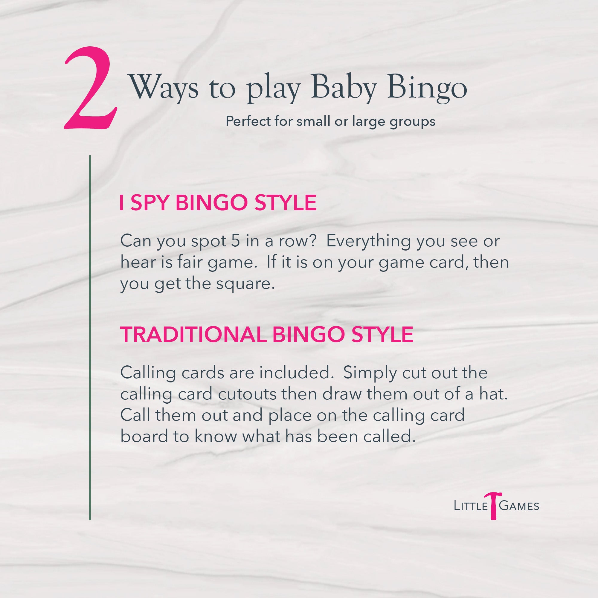 Baby Bingo printable game instructions showing two ways to play: I Spy style and traditional calling card style