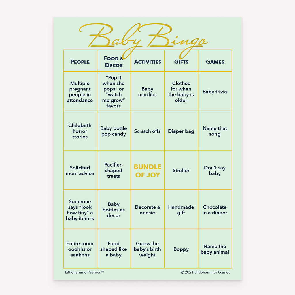 Mint and gold themed Baby Bingo printable baby shower game card