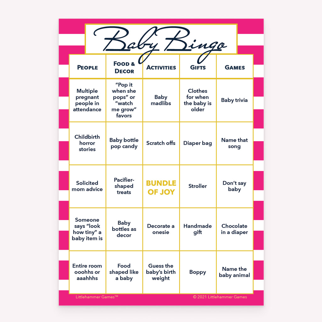 Baby Bingo baby shower printable activity card in pink stripe design