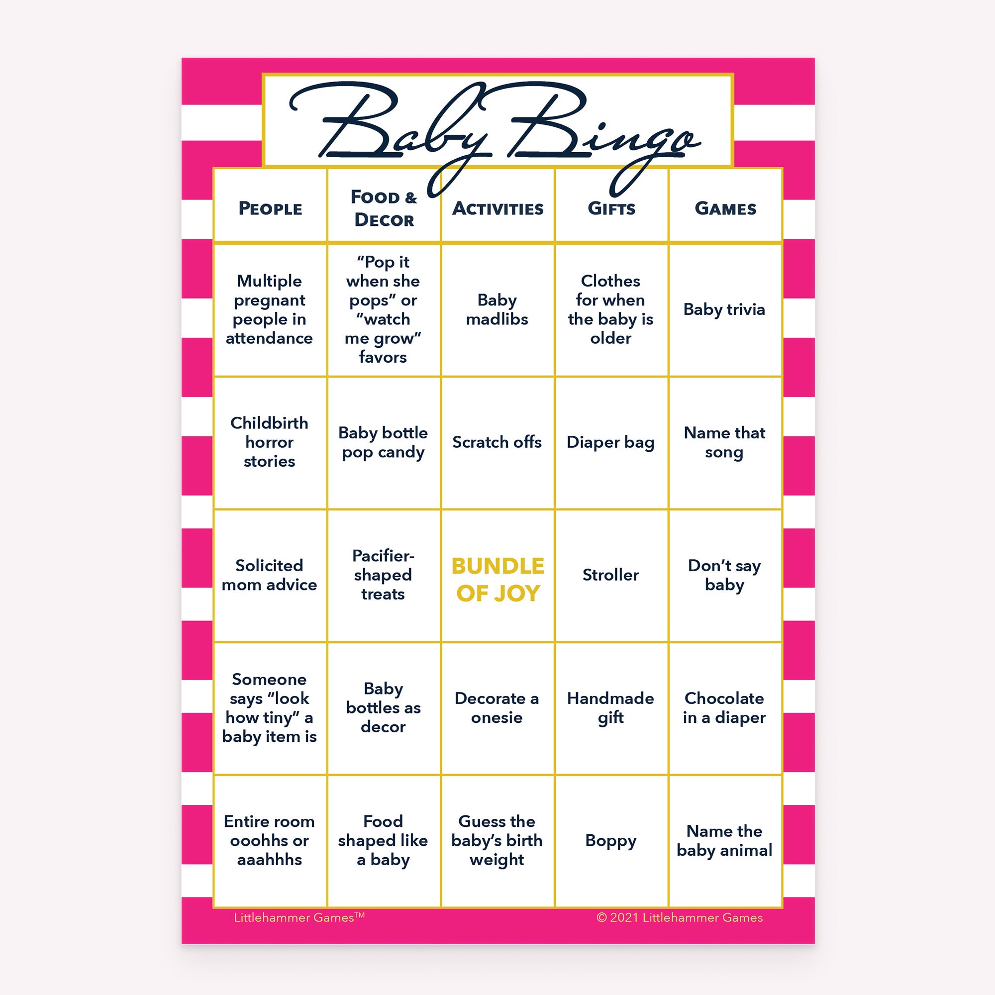 Baby Bingo baby shower printable activity card in pink stripe design