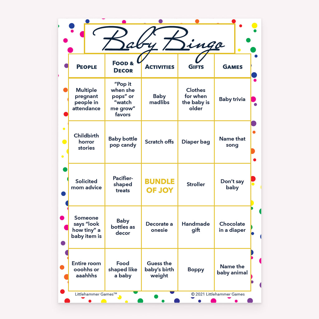 Baby Bingo baby shower game card with rainbow polka dot layout