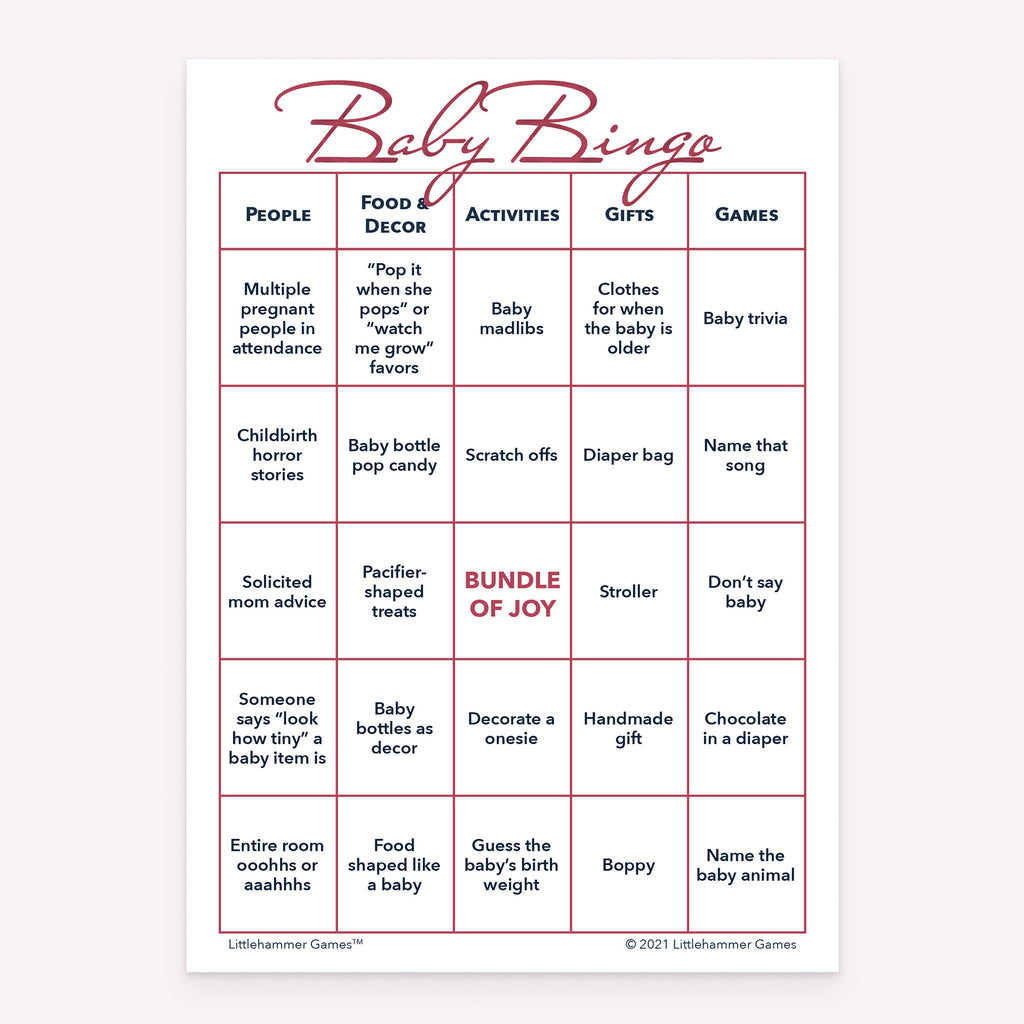 Baby shower Baby Bingo printable game card in rose gold color scheme