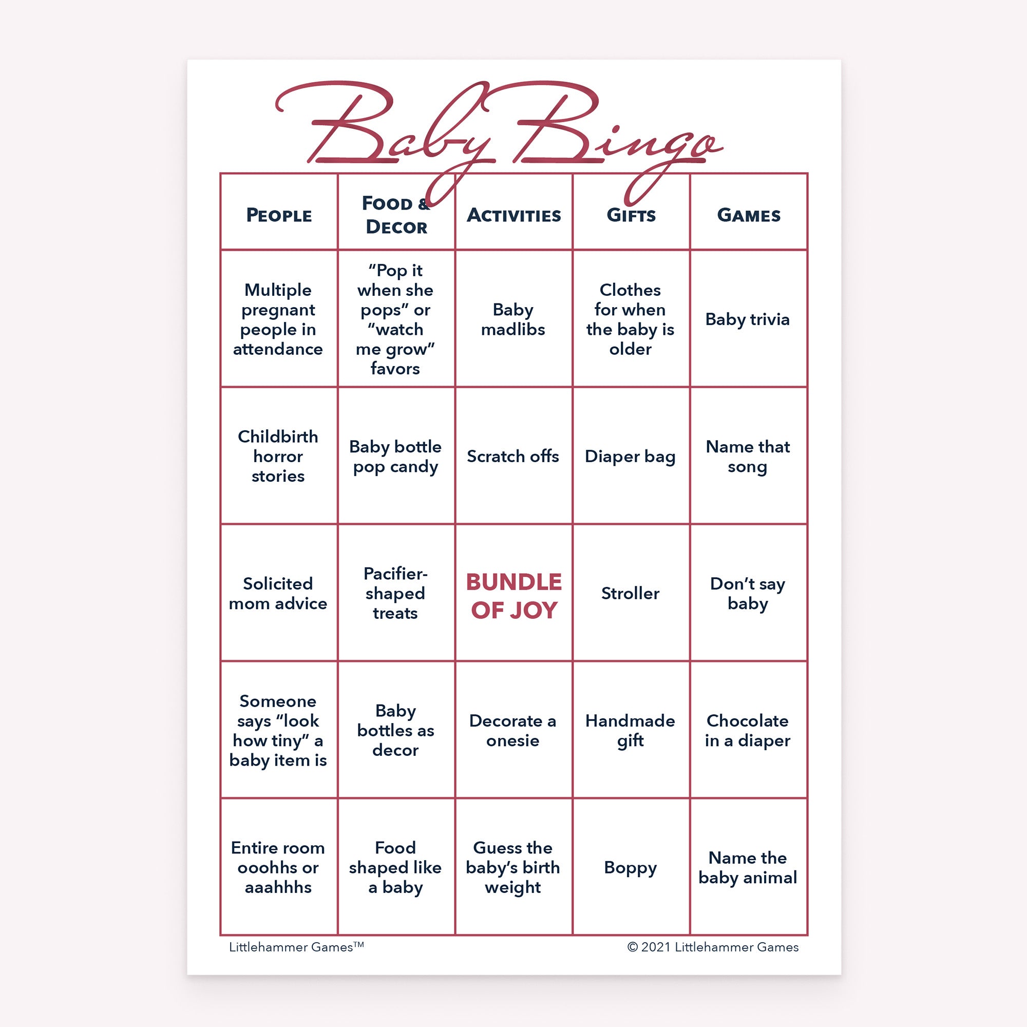 Baby shower Baby Bingo printable game card in rose gold color scheme