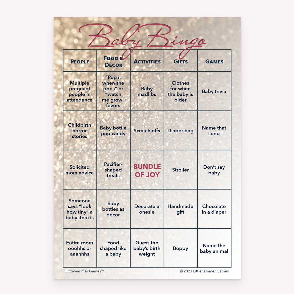 Baby Bingo printable baby shower game card with glittery rose gold background