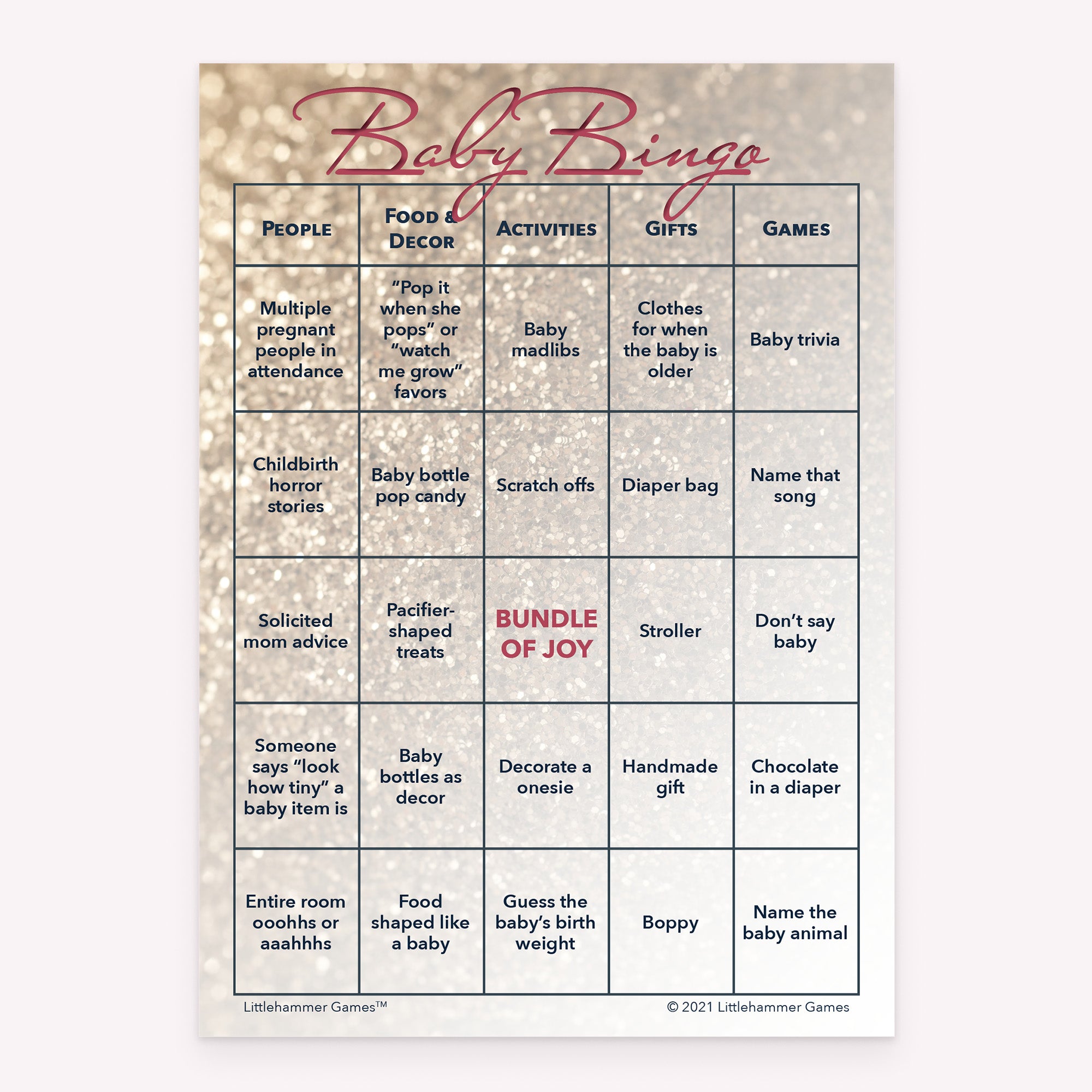 Baby Bingo printable baby shower game card with glittery rose gold background