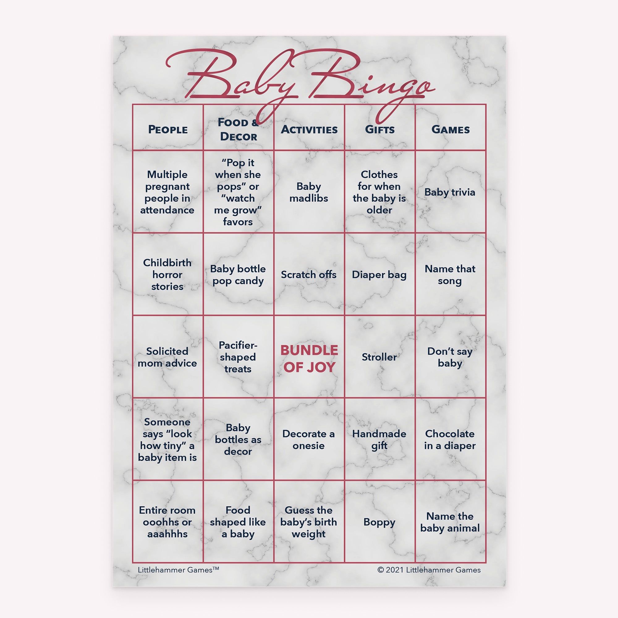 Rose gold and marble Baby Bingo baby shower printable card
