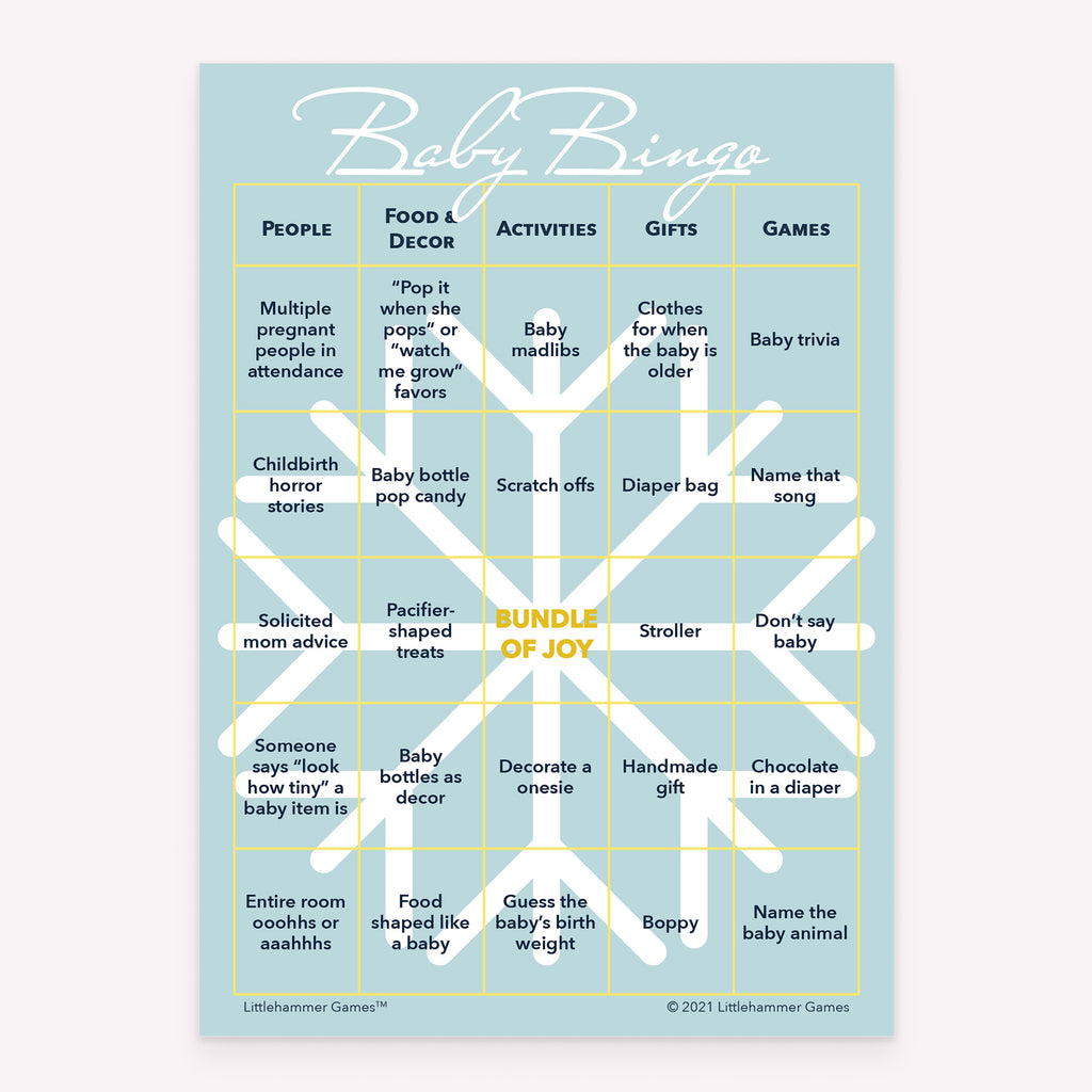 Snowflake printable baby shower Baby Bingo activity card