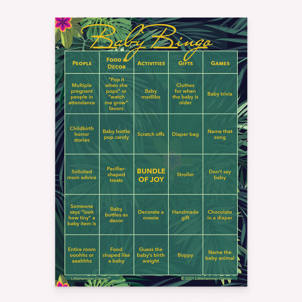 Baby Bingo baby shower printable card in tropical theme