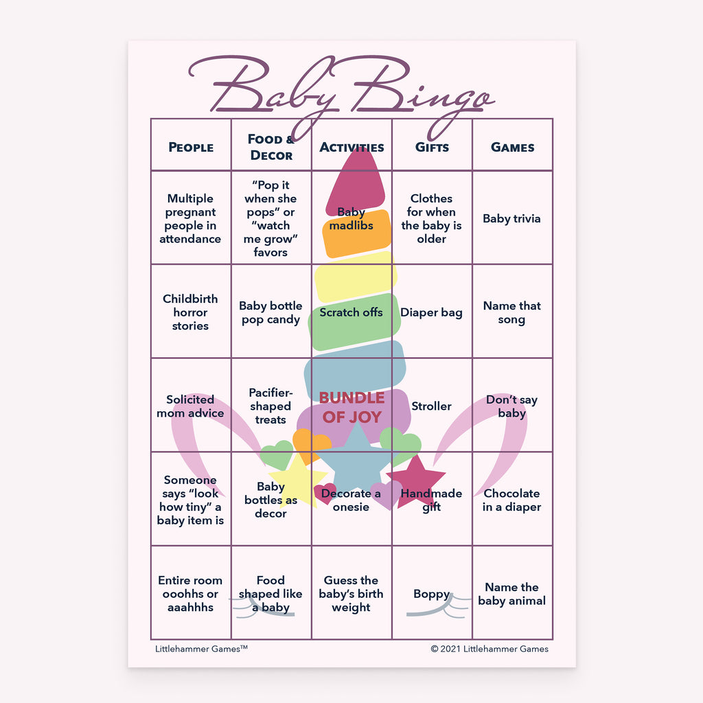 Baby shower printable Baby Bingo card featuring unicorn design