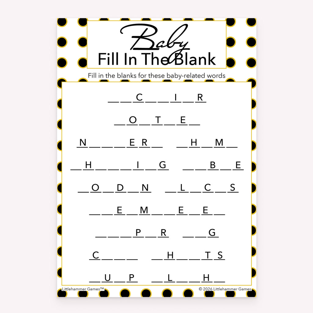 Baby Fill in the Blank baby shower game card with black and gold polka dot layout