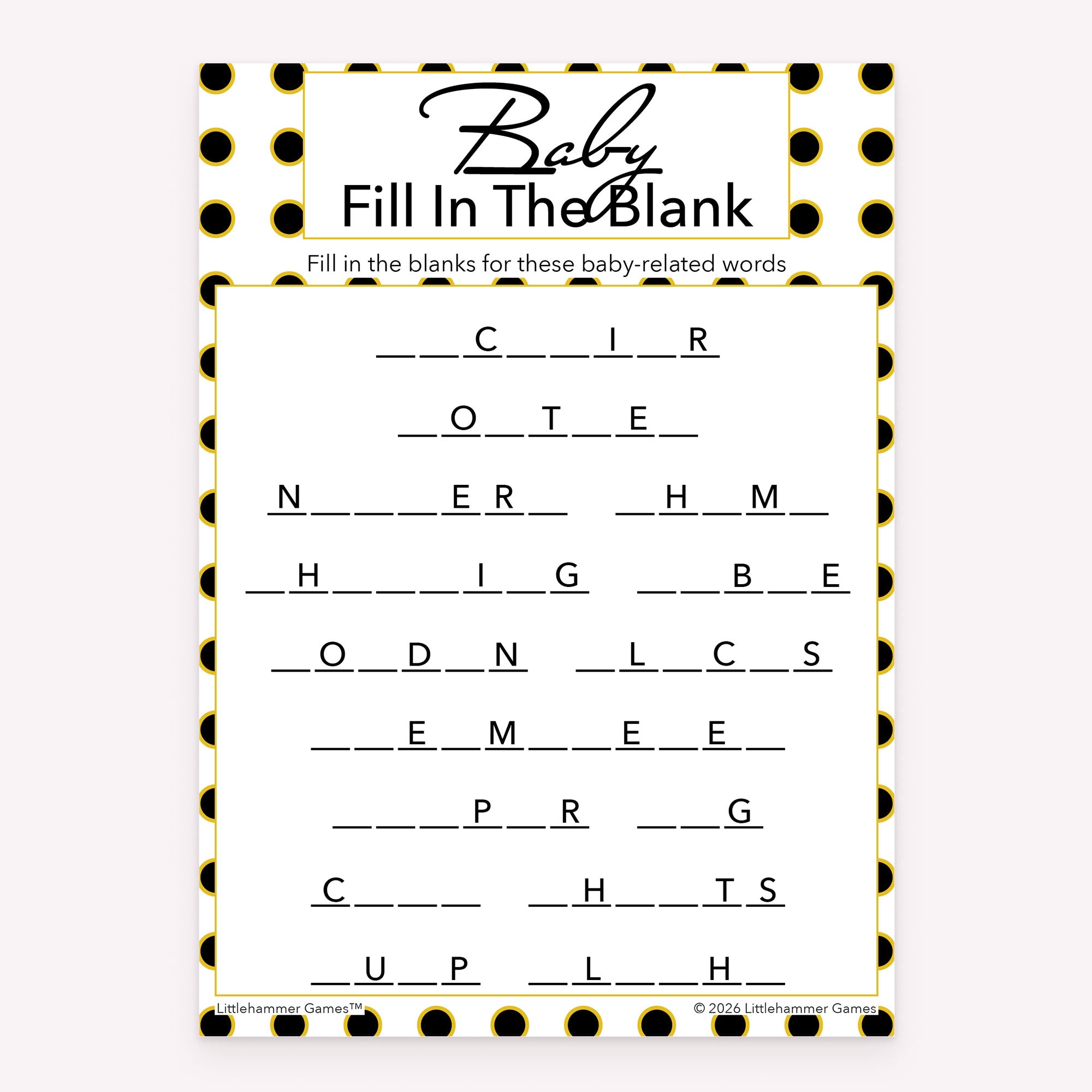 Baby Fill in the Blank baby shower game card with black and gold polka dot layout