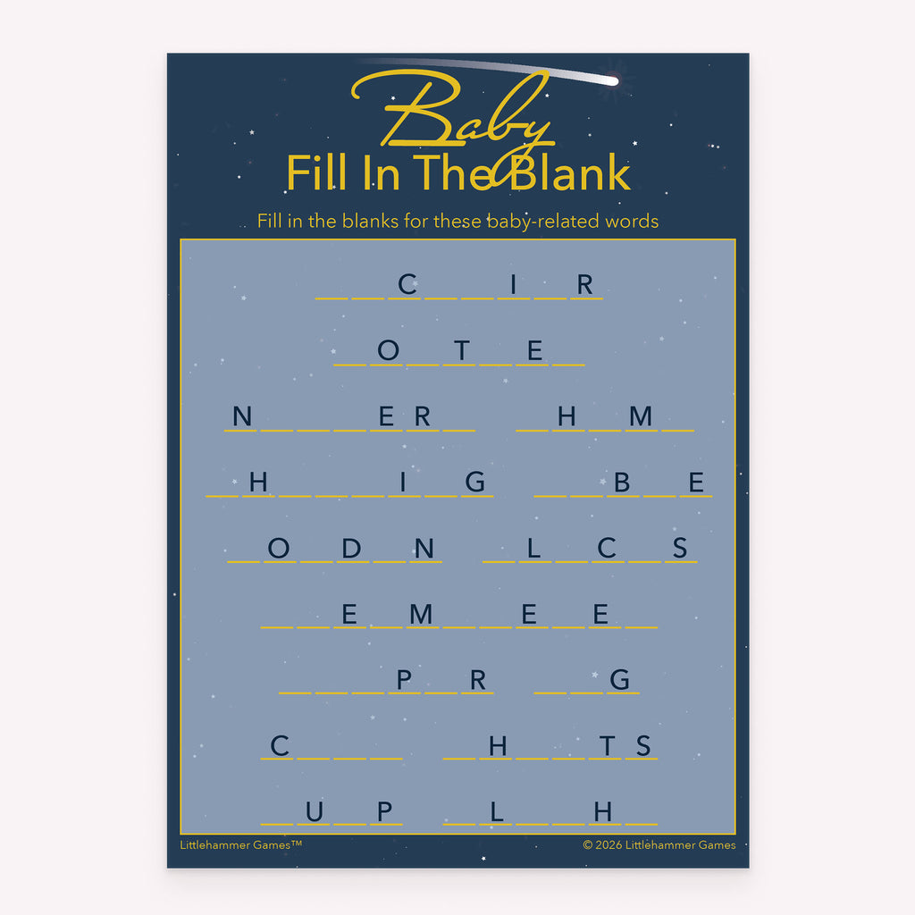 Celestial baby shower Baby Fill in the Blank printable game card layout