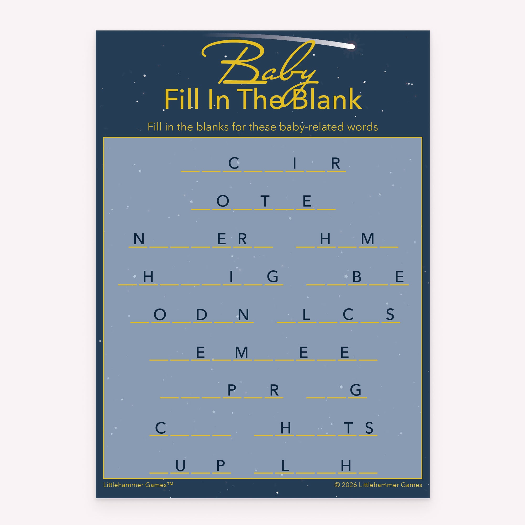 Celestial baby shower Baby Fill in the Blank printable game card layout