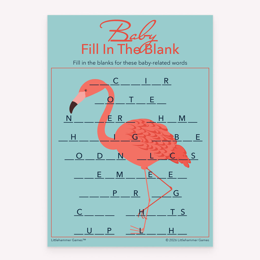 Printable baby shower Baby Fill in the Blank game card with flamingo design
