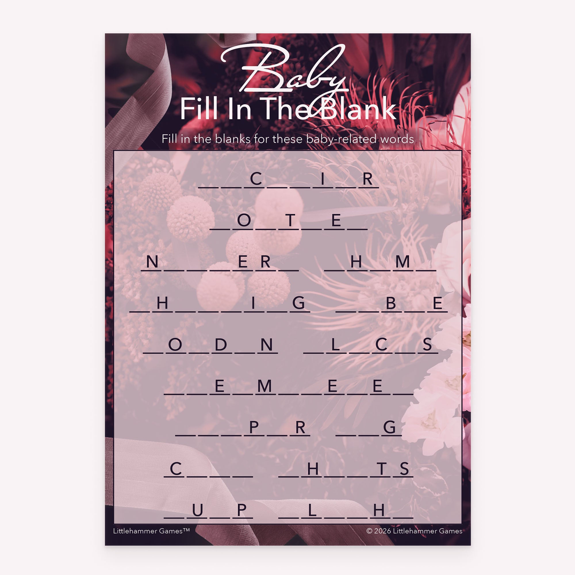Baby Fill in the Blank baby shower printable card in floral theme