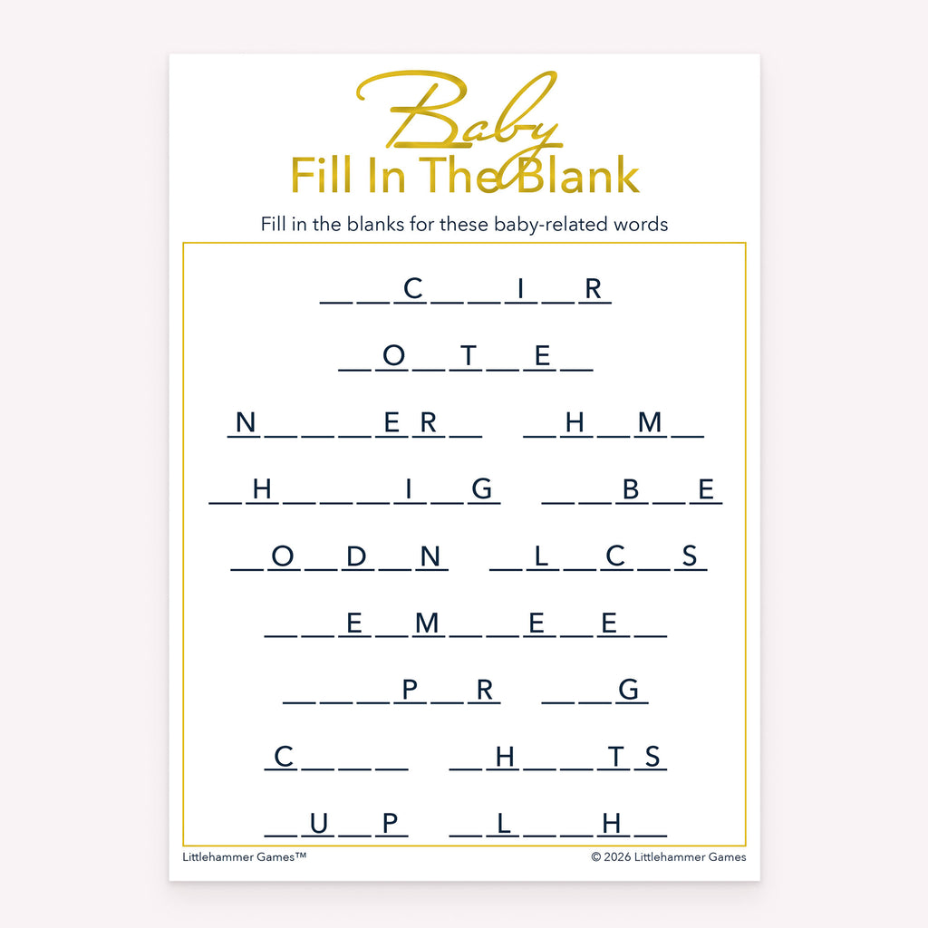 Baby Fill in the Blank baby shower printable game card featuring gold and white style