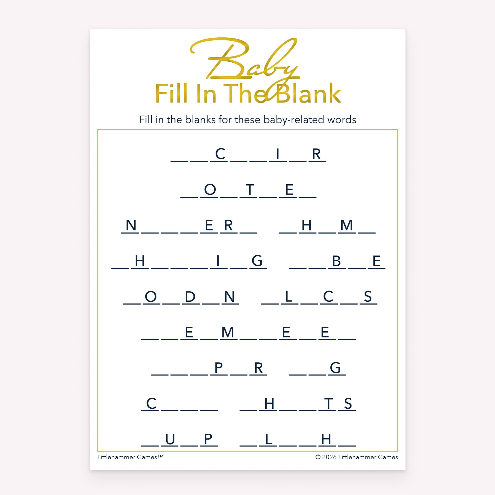 Baby Fill in the Blank baby shower printable game card featuring gold and white style