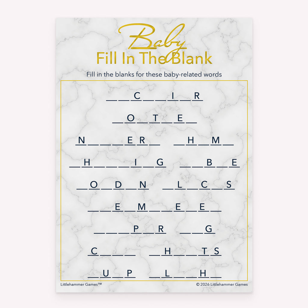 Gold and marble themed Baby Fill in the Blank printable baby shower game card